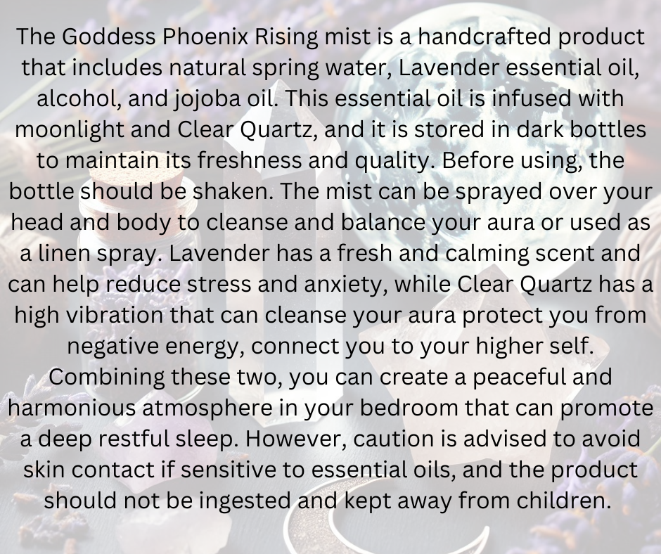 Goddess Phoenix Rising - Moon Water Clear Quartz Crystal Infused Elixir Lavender Oil Mist