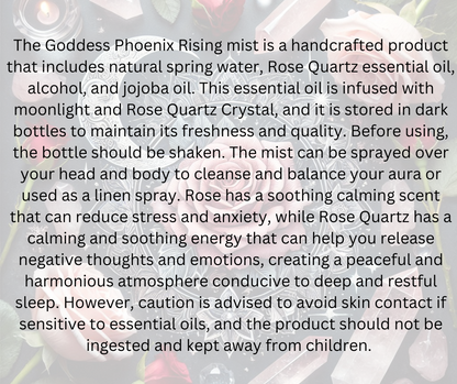 Goddess Phoenix Rising - Moon Water Rose Quartz Crystal Infused Elixir Rose Oil Mist